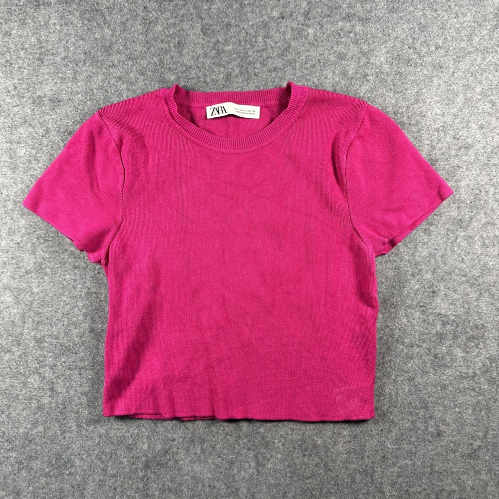 Zara Ribbed‎ Knit Top Large Pink Cropped Short Sleeve Stretch